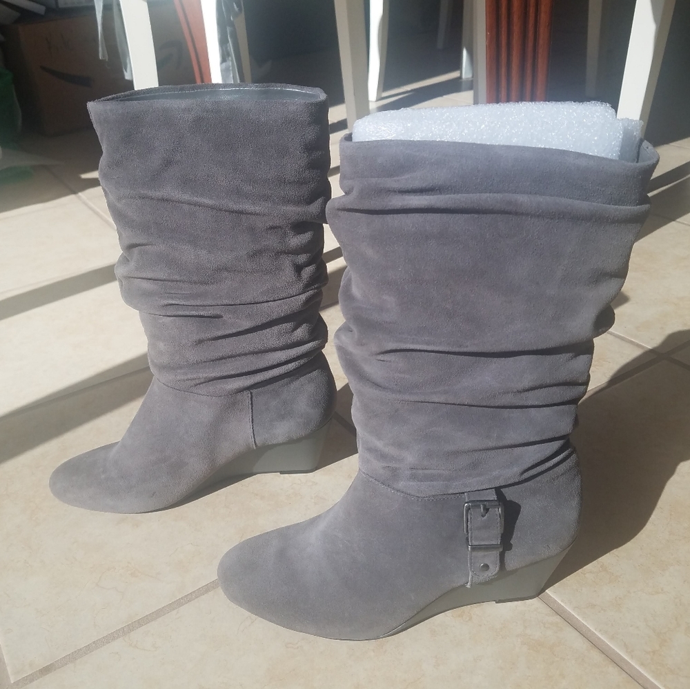 Alex Marie Leather mid-calf gray wedge boots 8.5